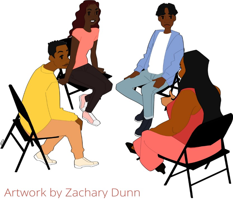 Digital drawing of four teenagers sitting and talking together. Artwork by Zachary Dunn