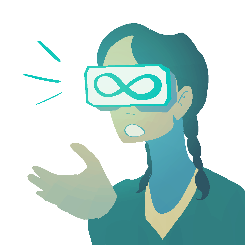 Drawing of a person wearing a virtual reality headset with a lemniscate or infinity symbol over the eyes, representing neurodiversity.